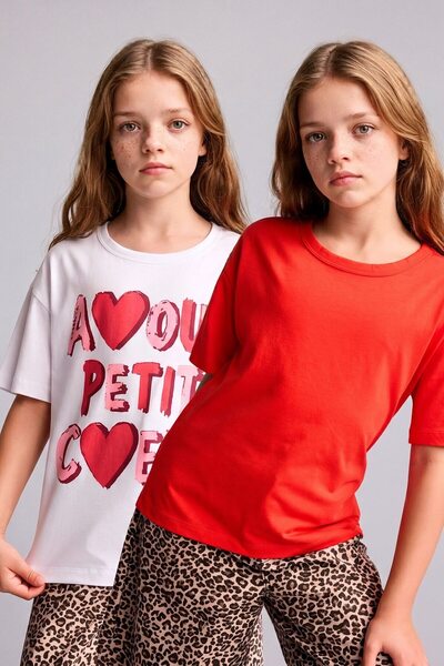 DeFacto Crew Neck 2-Piece Short Sleeve Red T-Shirt Girls H2155A826Sm
