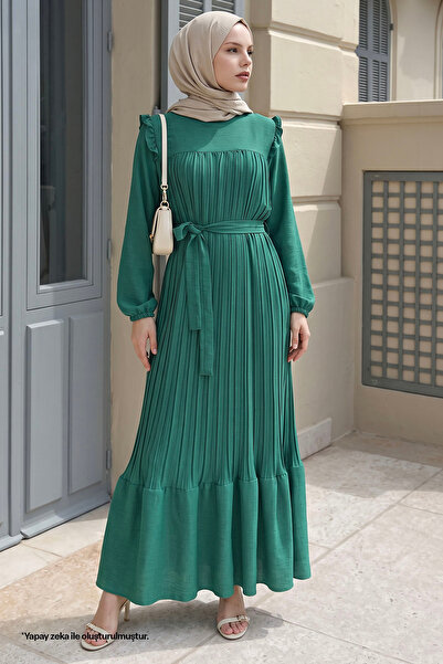 InStyle Ruffle Shoulder Pleated Linen Dress - Green