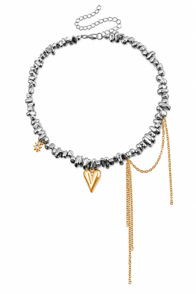 TREND COLLECTİON Kadın Gümüş Gold Detaylı Kolye Zincir Sallantılı Modern Tasarım
