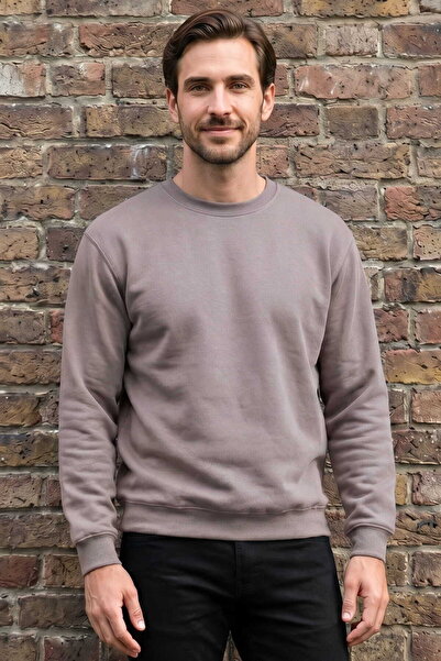 RELAXIA Men's Gray Crew Neck Basic Sweatshirt Long Sleeve Ribbed Regular Fit ...