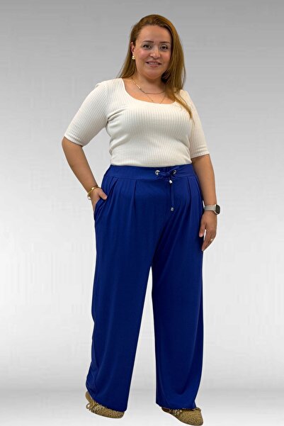 Eslina 59002 Plus Size Pleated Detailed Combed Cotton Trousers - Dark Indigo