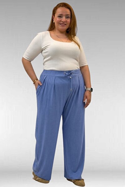Eslina 59002 Large Size Pleated Detail Combed Cotton Trousers - Indigo