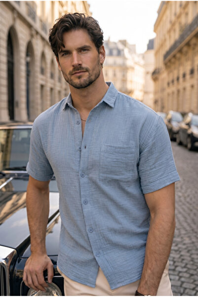 Valiberta Muslin Fabric Single Pocket Shirt - Cool Blue