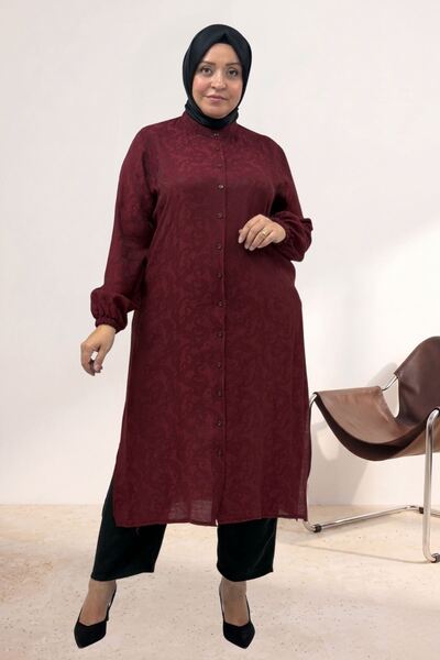 Eslina 68066 Plus Size Side Slit Buttoned Jacquard Strawberry Tunic - Burgundy