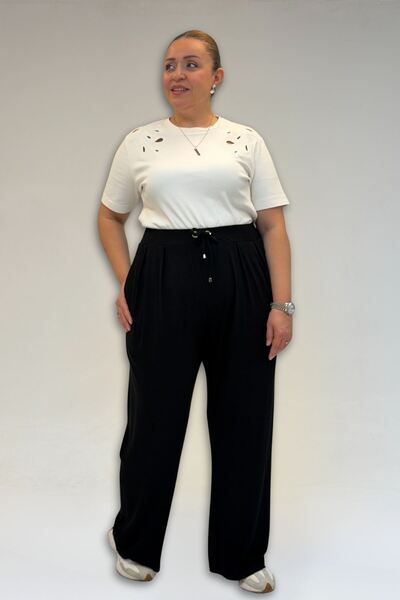 Eslina 59002 Large Size Pleated Detail Combed Cotton Trousers - Black