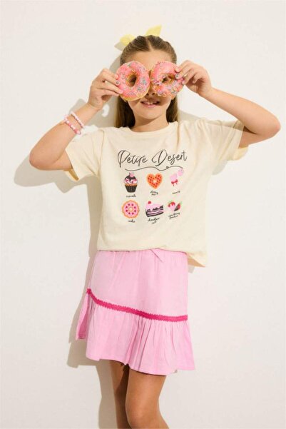 DeFacto 100% Cotton Crew Neck Short Sleeve Printed Ecru T-Shirt for Girls H87...