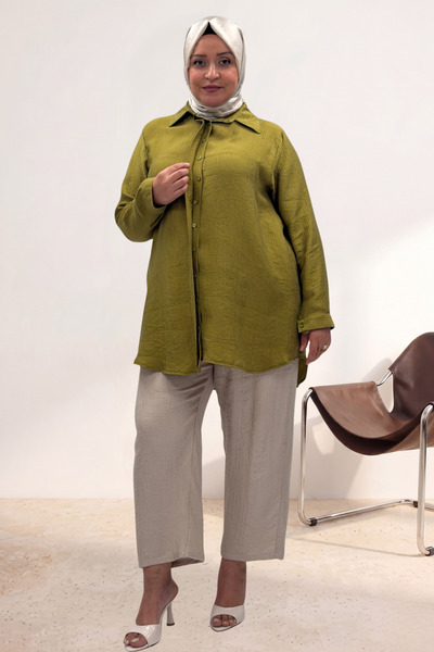 Eslina 68064 Plus Size Hidden Placket Double Tensel Shirt - Fat Green