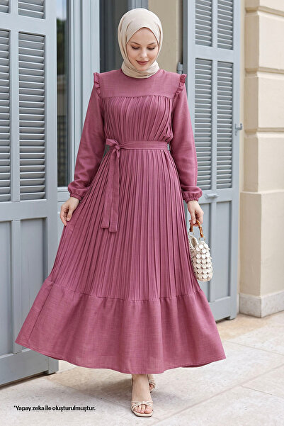 InStyle Omuzu Fırfır Piliseli Keten Elbise - Fuşya