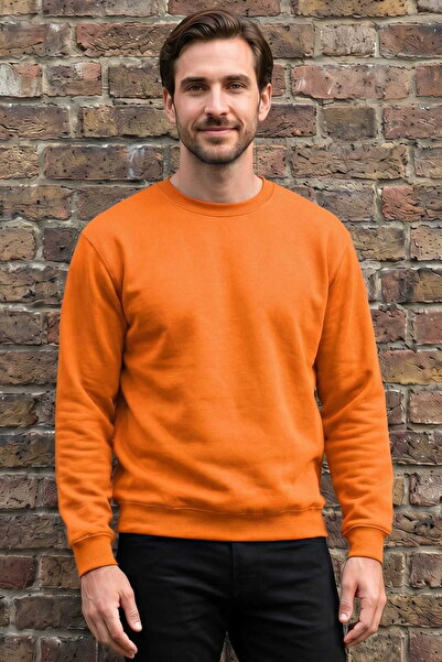 RELAXIA Men's Orange Crew Neck Basic Sweatshirt Long Sleeve Ribbed Regular Fi...