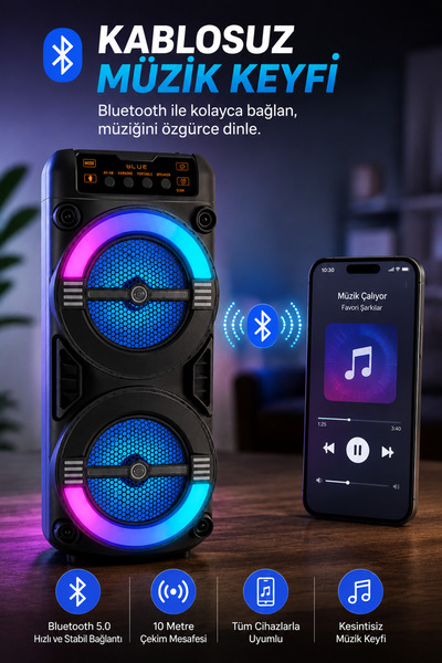 Omaze Bluetooth Hoparlör Speaker Taşınabilir RGB Işıklı Şarjlı Çift Hoparlör Güçlü Bas Stereo Ses Sistemi Bluetooth Hoparlör