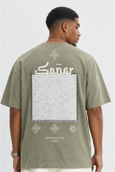 Respire Men's Sonar Embroidery Detailed Oversize T-Shirt Khaki