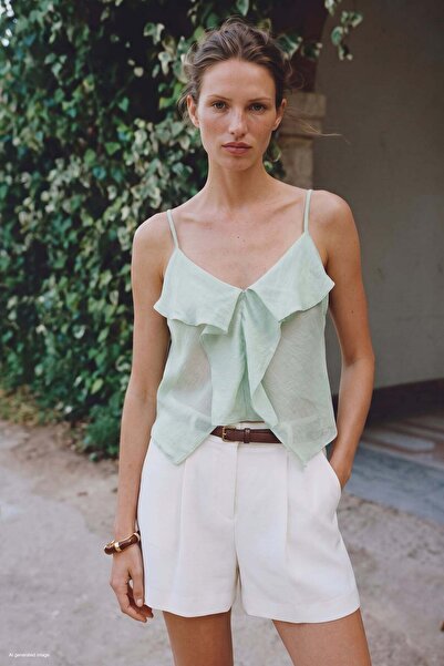 Sateen Ruffle Detailed Strappy Blouse - Mint