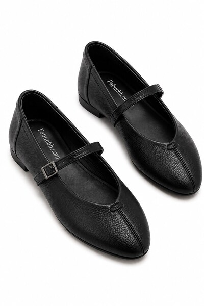 Parponi Will Belted Round Toe Genuine Leather Ballerinas Black