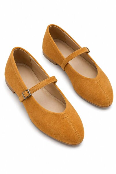 Parponi Will Belted Round Toe Genuine Suede Leather Ballerinas Mustard