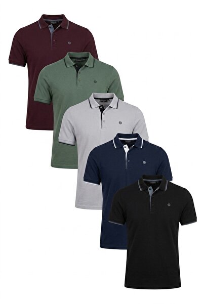 Buratti Cotton Regular Fit Stripe Detailed Buttoned Polo Collar 5 Pack t Shir...