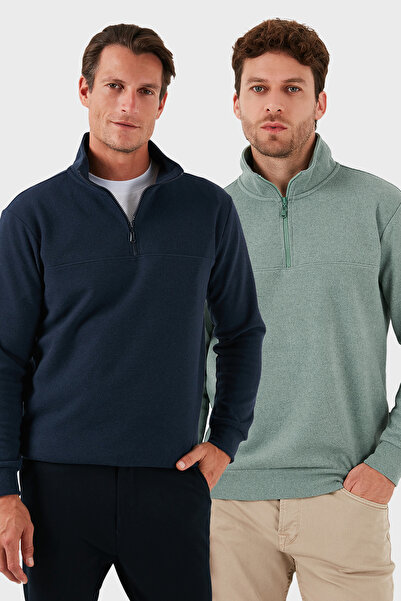 Buratti Cotton Regular Fit Half Zipper Stand Collar 2-Pack Sweater Men's Swea...
