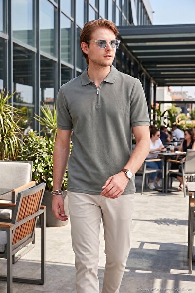 Buratti Tricou cu guler polo, cu fermoar, din bumbac, pentru bărbați, tricou ...