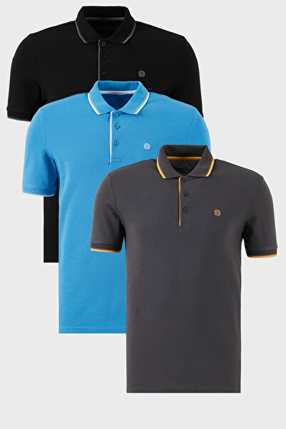 Buratti Cotton Regular Fit Stripe Detailed Buttoned Polo Collar 3-Pack t Shir...