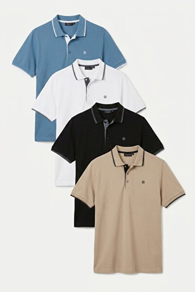 Buratti Cotton Regular Fit Stripe Detailed Buttoned Polo Collar 4-Pack t Shir...