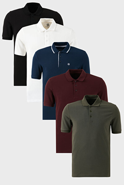 Buratti Cotton Regular Fit Buttoned Polo Neck 5'Li Package t Shirt Men t Shir...