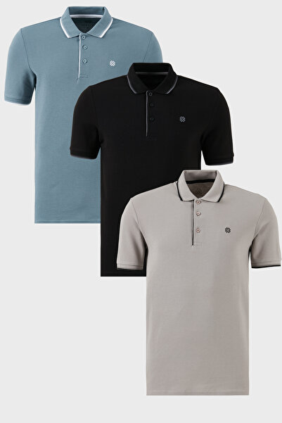 Buratti Cotton Regular Fit Stripe Detailed Buttoned Polo Collar 3-Pack t Shir...