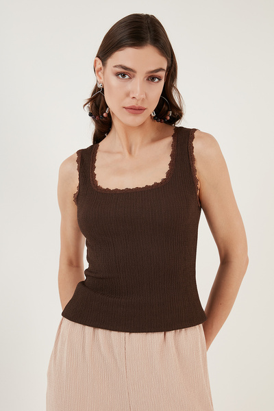 Lela Slim Fit Kalın Askılı Dantelli Kare Yaka Bürümcük Atlet ATLET 5864979