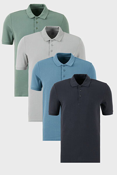 Buratti Pamuklu Regular Fit Düğmeli Polo Yaka 4'lü Paket T Shirt Erkek T SHİR...