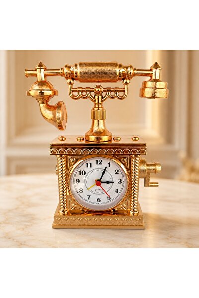 velve Decoratiune birou, ceas analog tip telefon vintage, Auriu, 16x19 cm
