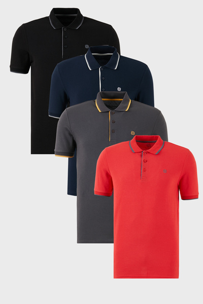 Buratti Cotton Regular Fit Stripe Detailed Buttoned Polo Collar 4-Pack t Shir...