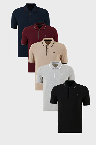 Buratti Cotton Regular Fit Stripe Detailed Buttoned Polo Collar 5 Pack t Shir...