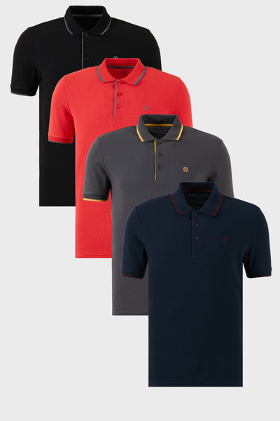Buratti Pamuklu Regular Fit Şerit Detaylı Düğmeli Polo Yaka 4'lü Paket T Shir...