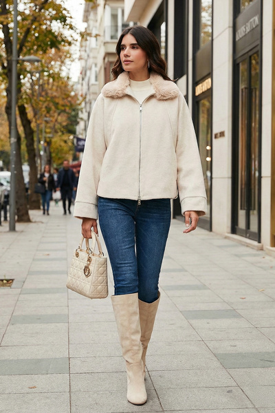 Lela Cotton Blend Oversized Fur Collar Bat Sleeve Winter Cashmere Coat Coat 6...