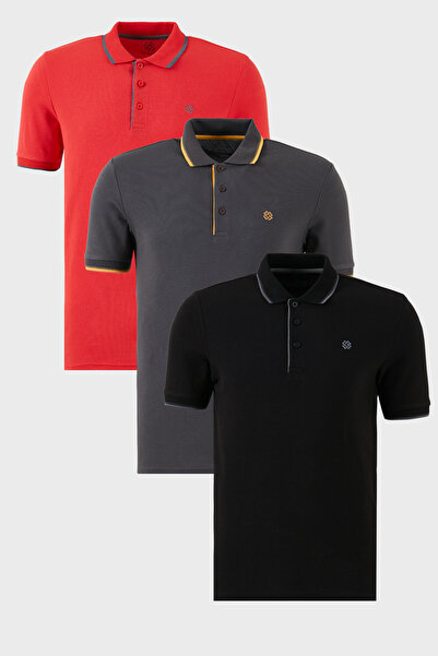 Buratti Cotton Regular Fit Stripe Detailed Buttoned Polo Collar 3-Pack t Shir...