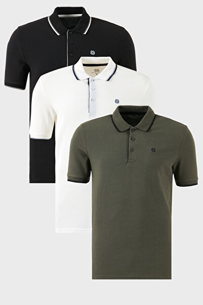 Buratti Pamuklu Regular Fit Şerit Detaylı Düğmeli Polo Yaka 3'lü Paket T Shir...