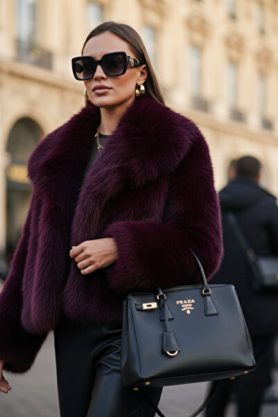 Lela Oversize Fit Shirt Collar Pocketed Lined Fur Coat FUR 497BERRY