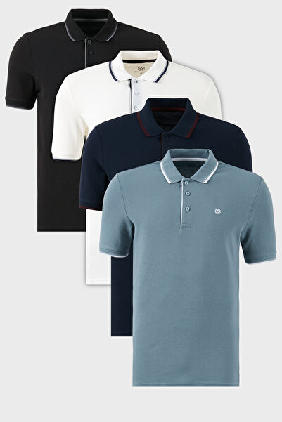 Buratti Cotton Regular Fit Stripe Detailed Buttoned Polo Collar 4-Pack t Shir...