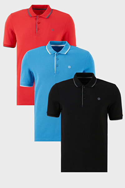 Buratti Cotton Regular Fit Stripe Detailed Buttoned Polo Collar 3-Pack t Shir...