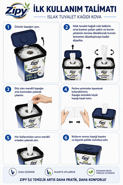 zipy Islak Tuvalet Kağıdı 480 Adetli Suda Çözünür Flushable Bambu özlü