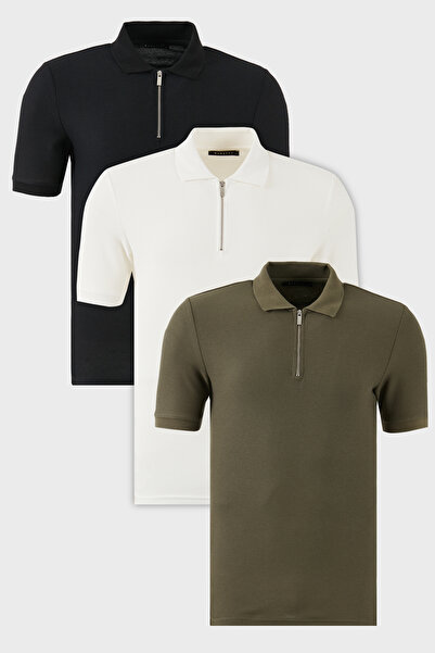 Buratti Pamuklu Regular Fit Yarım Fermuarlı 3'lü Paket Polo Yaka T Shirt Erke...