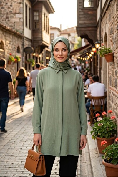 Genel Markalar Kadın Gömlek Yaka Uzun Kol Tunik Düğmeli Rahat Kesim Dökümlü T...