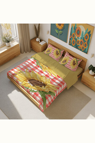 Luvis Store طقم غطاء لحاف مزدوج هجين بنمط دوار الشمس من ساني جينغهام - مع ملا...