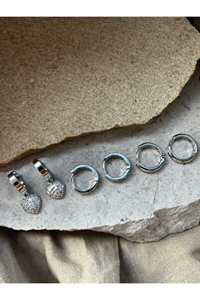 nunu takı Silver Color Heart Round Six Piece Earrings