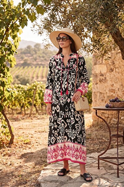 Lela Modest Patterned Regular Fit Tie-Up V-Neck Maxi Dress Dress 611El510