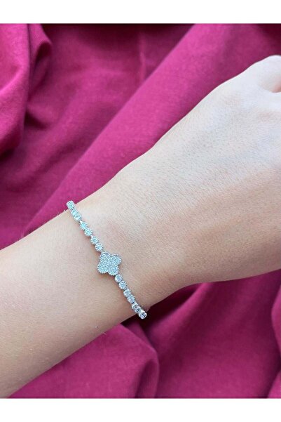 nunu takı Silver Color Thin Bracelet with Stones and Clover