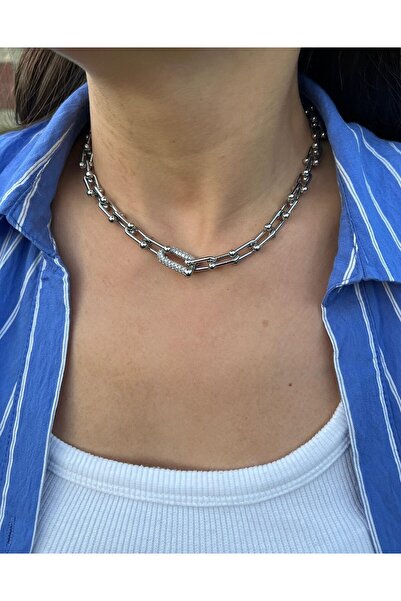 nunu takı Silver Color Chain Necklace with Stone Tip