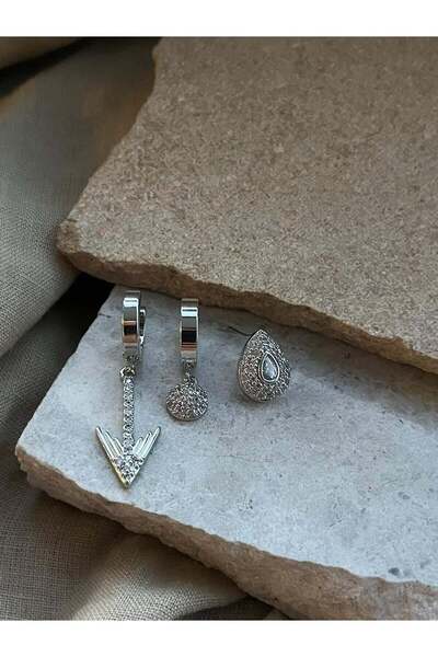 nunu takı Silver Colored Arrow and Stone Triple Earrings
