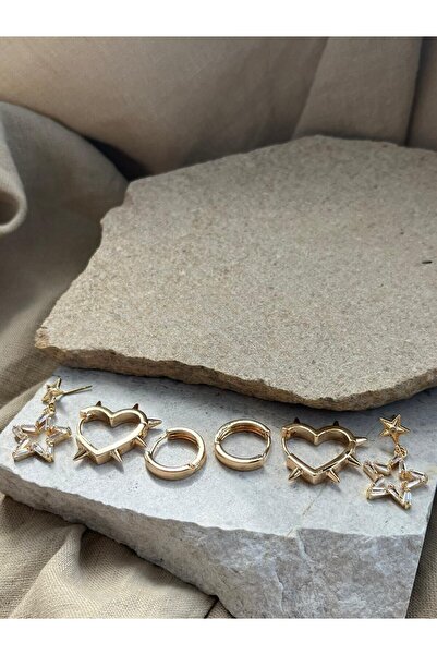 nunu takı Gold Color Stone Star Six Piece Earrings