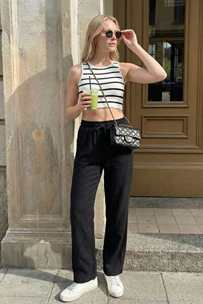 Lela Cotton Waist-Tied High-Waisted Wide-Leg Regular Fit Pants with Pockets P...