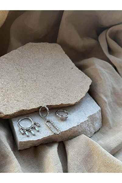 nunu takı Silver Color Stone Oval Triple Earrings
