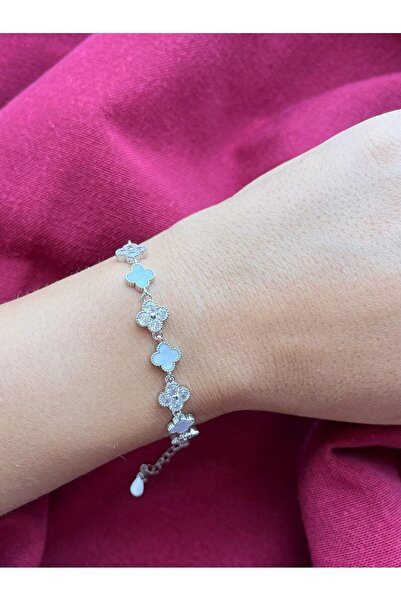 nunu takı Clover Silver Color Stone Thin Bracelet